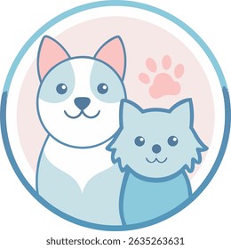 Logotipo de loja de animais de estimação mínimo bonito com gato e cão sorridente em cores pastel - Ilustração de vetor