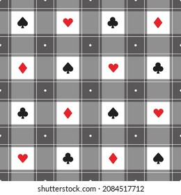 Cute Minimal Poker Solitaire Club Diamond Spade Heart Element Red White Black Checkered Gingham Pattern Editable Stroke. Cartoon Illustration, Mat, Fabric, Textile, Scarf, Wrapping Paper. 