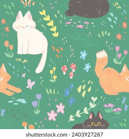 Cute minimal seamless pattern. Cat with nature in floral theme. Colorful background and wallpaper. Hand drawn, doodle.