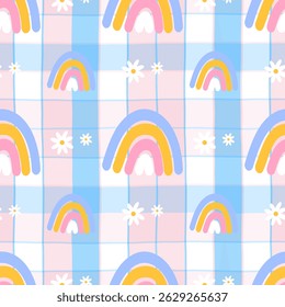 Cute and minimal seamless pattern of rainbow and flower. Kawaii pastel vector design, perfect for nursery decor, baby textiles, and cheerful wrapping paper