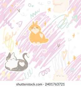 Cute minimal seamless pattern. Valentines day with cat. Colorful background and wallpaper. Hand drawn, doodle.