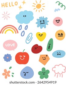 Cute and minimal sticker set with emotion icons, rainbow, clouds, and floral elements. Ideal for digital use and printables