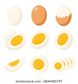 A cute and minimal vector collection showcasing boiled eggs in different forms, from whole and peeled pieces to cracked shells, halves, quarters, and neatly sliced portions. Soft cream and golden-yellow colors, clean shapes, and a simple kawaii style make the illustrations charming and versatile.