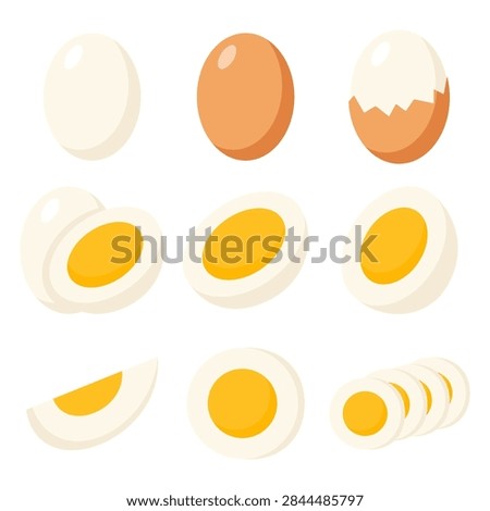 A cute and minimal vector collection showcasing boiled eggs in different forms, from whole and peeled pieces to cracked shells, halves, quarters, and neatly sliced portions. Soft cream and golden-yellow colors, clean shapes, and a simple kawaii style make the illustrations charming and versatile.