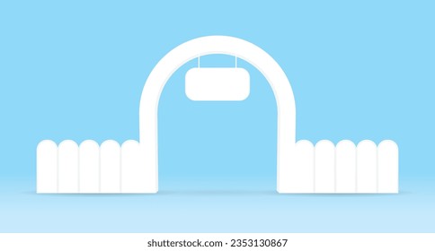 cute minimal white archway with hanging sign and fence 3d illustration vector