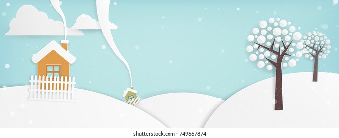Cute Minimal Winter Landscape Banner, with Hills, houses, trees and Snow and copy space for your own text