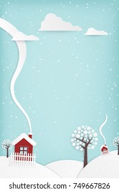 Cute Minimal Winter Postcard Landscape, with Hills, houses, trees and Snow and coy space for your own text