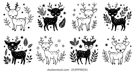 a cute, minimalist black and white illustration of a baby deer with closed eyes, small antlers, and a happy, peaceful expression.