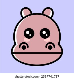 A cute, minimalist cartoon illustration of a hippo face with large, glossy eyes and rosy cheeks. The design features bold outlines and a simple, kawaii-style aesthetic.