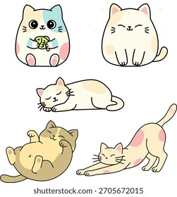 Um bonito ícone de gato minimalista conjunto com várias poses divertidas e relaxantes em cores pastel macias.