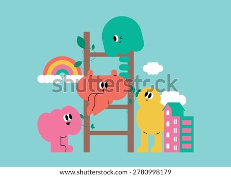 Cute minimalist characters climbing a ladder in a colorful village with a rainbow and clouds. Flat vector illustration of abstract figures for growth, success, and community development