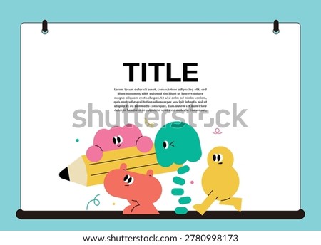 Cute minimalist characters with a giant yellow pencil and notebook template for creative writing and education concept. Flat vector illustration of colorful abstract figures for school banner and blog header.