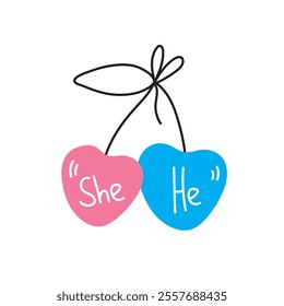 Cute minimalist cherry drawing with pronouns reflecting gender identity and inclusion.