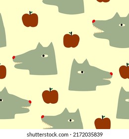 Cute minimalist childish pattern with wolf and apples on white background, Stylish kid fashion design.