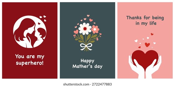 Nettes minimalistisches Muttertagsvektorposter mit Herz, Blumen und liebevollen Botschaften. Perfekt für Grußkarten, Prints, Social Media, Anzeigen und Designs zu Familienthemen.