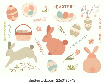 A cute minimalist Easter set. Hare, eggs, lettering. flat vector illustration