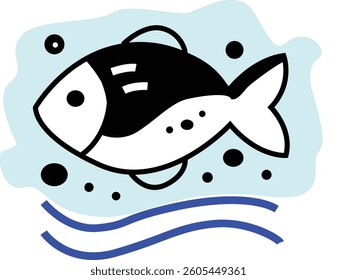 Cute minimalist fish vector illustration in a flat cartoon style. Features bold black outlines, simple shapes, and abstract decorative elements. Perfect for children's designs, logos, and stickers.
