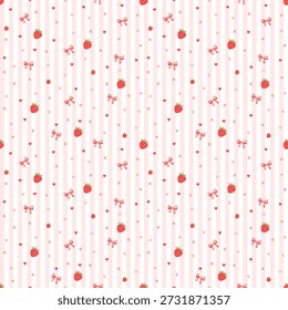 Um bonito padrão gráfico minimalista em tons brancos e cor-de-rosa, com morangos vermelhos, arcos cor-de-rosa e pequenos corações vermelhos e rosa claro. Adequado para tecido, papel de embrulho e papel de parede. Perfeito para o Dia dos Namorados, temas femininos, ou um estilo de café doce.