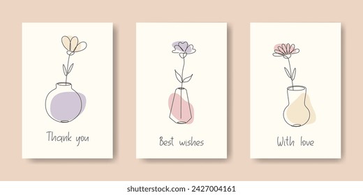 Cute Minimalist greeting Cards set. Continuous Line style drawn illustration. Hand lettering wishes. Simple Hand drawn single Flower in vase. Home interior Backgrounds collection