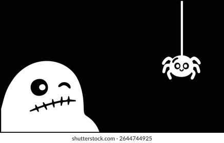 Bonito Minimalista Halloween Ghost Winking com pendurando a ilustração do vetor da aranha