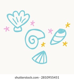 Cute minimalist hand drawn blue seashell illustration cluster group with tiny stars isolated on white background
