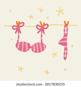 Cute minimalist hand drawn pink striped bikini swimsuit hanging on clothesline illustration on cream
