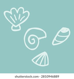 Cute minimalist hand drawn white seashell illustration cluster group isolated on teal background
