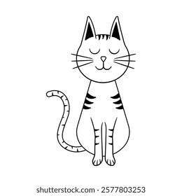 A cute, minimalist, hand-drawn cat illustration, sitting contentedly with eyes closed. Ideal for stickers, coloring books, or tattoo designs.