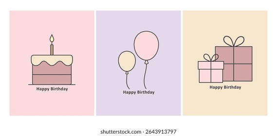 Cute Minimalist Happy Birthday Illustrations Set. Ideal for greeting cards, invitations, party decorations, social media graphics, website banners, gift tags, stationery, and children's products.