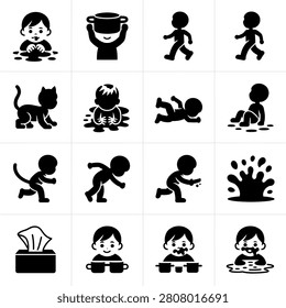 Cute minimalist icon set featuring children activities accidents and playful moments in daily life scenarios