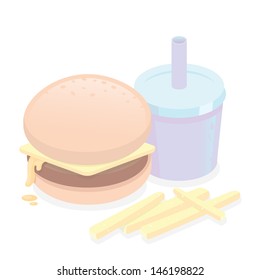 A cute, minimalist illustration of a burger, soft drink (soda!)  and fries. Sorry, chips.