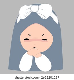 A cute, minimalist illustration of a girl with long blue hair and a white bow, expressing a thoughtful or slightly annoyed expression.