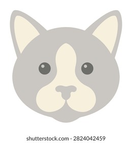 A cute, minimalist illustration of a gray and white cat face. Features large eyes and perky ears. Perfect for pet, pet shop, or animal lover themed designs and logos.