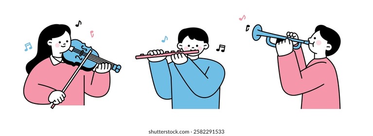 A cute and minimalist illustration of musicians playing violin, flute, and trumpet. A charming and modern flat design representing music, orchestra, and performance.