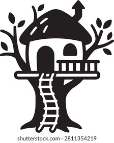 Cute minimalist illustration of a treehouse built on a sturdy trunk with a ladder and balcony.
