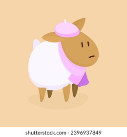 Cute minimalist image of a sheep in a pink beret and scarf. Cartoon image of the zodiac sign Aries