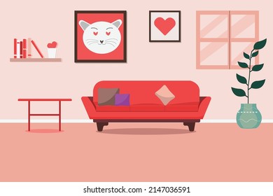 Cute minimalist interior. Red sofa with pillows and book. Home plants and decorative elements. Cozy living room flat vector illustration. Trendy Scandinavian hygge interior.