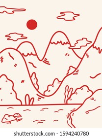 cute minimalist landscape illustration line art mountain range with a lake red line on a white background