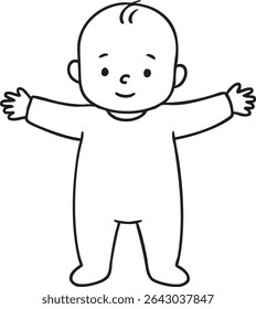 A cute, minimalist line drawing of a baby standing with arms outstretched, ready for a hug or to play.
