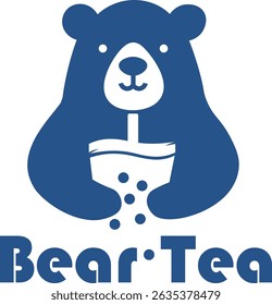 Cute minimalist logo of a smiling bear holding a bubble tea cup, designed in bold blue line art.