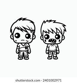  Cute Minimalist Menace Spooky,Scary, Horror  Zombie Kid Boys Clip art Set  Black and White and Colorful Vector Illustrations with White Background in Flat Design