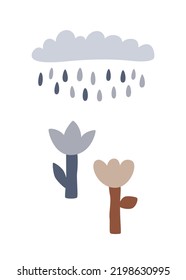 Cute minimalist poster with simple doodle flowers and rain cloud. Vector illustration isolated for print or greeting card