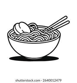 Cute Minimalist Ramen Bowl Vector with Floating Chopsticks and Kawaii Line Art on White Background