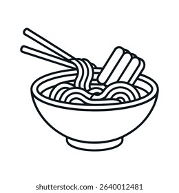Cute Minimalist Ramen Bowl Vector with Floating Chopsticks and Kawaii Line Art on White Background