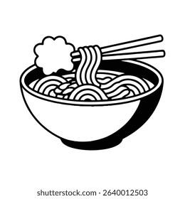 Cute Minimalist Ramen Bowl Vector with Floating Chopsticks and Kawaii Line Art on White Background