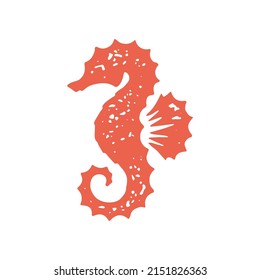 Cute minimalist seahorse with curved tail and fin natural ocean habitat red hand drawn grunge texture vector illustration. Funny nautical animal aquatic marine or aquarium underwater wildlife