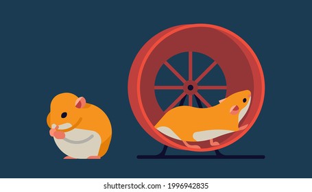 Cute minimalist style vector illustration on pet hamster. Small rodent animal sitting eating and running on wheel flat style design elements