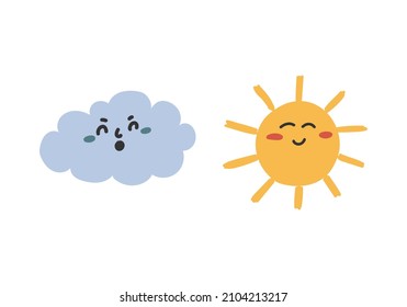 Cute minimalist sun and cloud faces. Freehand simple vector drawings isolated on white background.