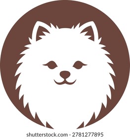 Cute minimalist vector icon of a fluffy Pomeranian dog head in white negative space inside a solid brown circle. Friendly, modern symbol for pet grooming, small dog breeds, pet boutique, dog cafe, veterinary clinic, and luxury pet brands. Clean flat design perfect for logos, stickers, apps, and pet product packaging.