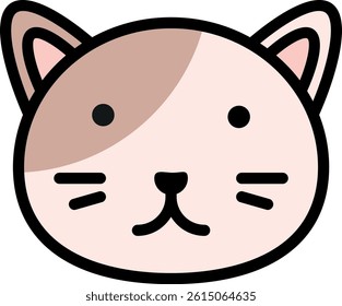A cute, minimalist vector illustration of a cat’s face with a round head, triangular ears, and a soft pink patch over one eye. 